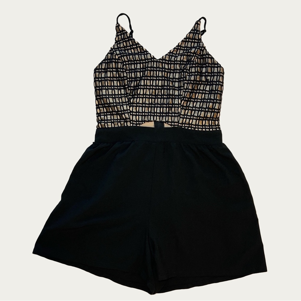 Charlotte Russe Women’s Black, Beige and‎ Gold Lace Overlay Cut-out Romper Small
